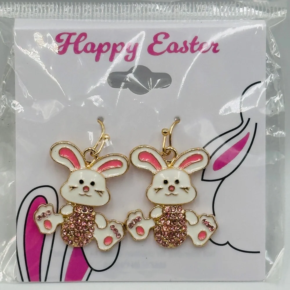 New Easter Bunny Dangle Earrings With Pink Rhinestone Easter Egg